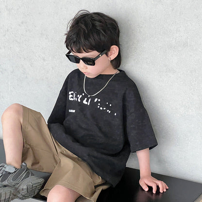 Children's short-sleeved T-shirts boys summer clothes for middle and large children round neck tops 2024 summer new style little boy handsome clothes 5