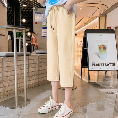 Girls summer cotton cropped trousers wide-leg trousers elastic loose net celebrity straight trousers sports leisure summer primary school student trend