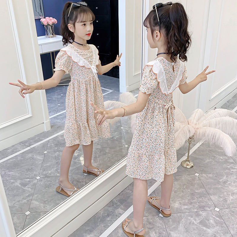 Girls short-sleeved dress 2024 summer new children's chiffon floral dress middle and large children's pastoral style dress