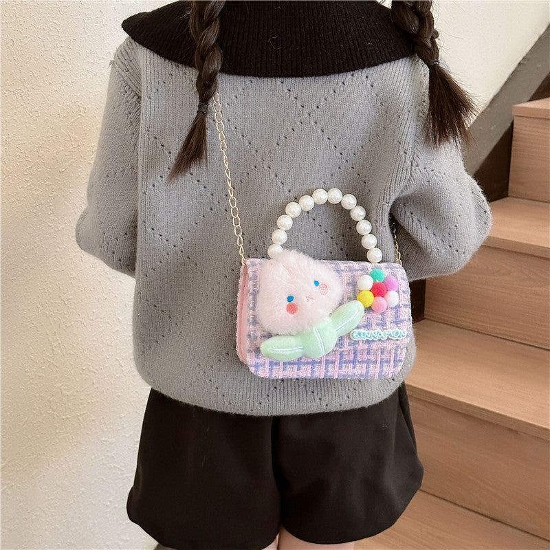 Cartoon cute children's small square bag fashionable pearl handbag versatile girl stylish chain shoulder crossbody backpack