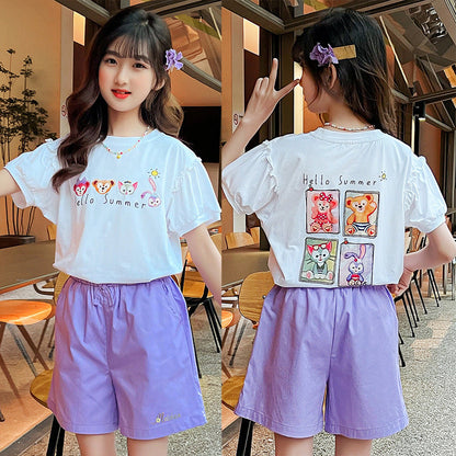 Girls summer short-sleeved T-shirt with cotton earrings and fragrant elastic for middle and large children, primary and junior high school students, fat cartoon trend