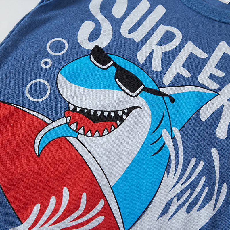 New children's short-sleeved cartoon shark pattern tops boys T-shirts pure cotton summer clothes half-sleeves one piece delivery