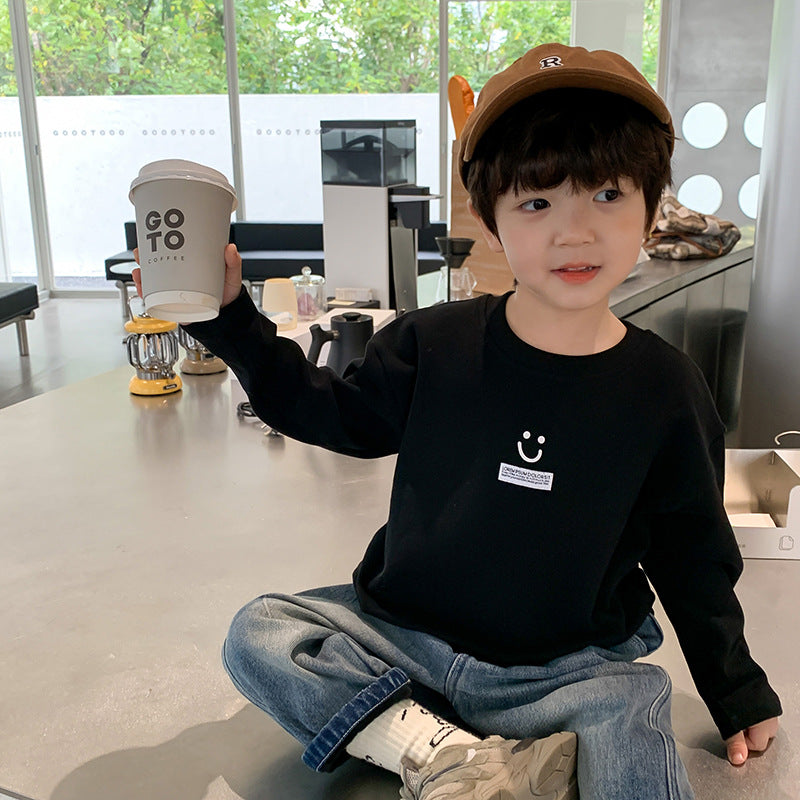 Amo Beibei children's 2023 winter thickened velvet warm T-shirt for boys and girls baby warm velvet smiley face bottoming shirt