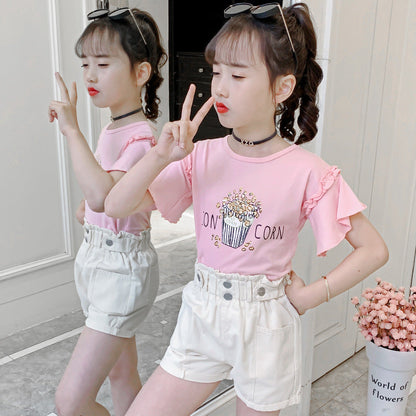 Girls short-sleeved T-shirt 2024 summer new style children's cartoon trumpet sleeve top little girl round neck T-shirt