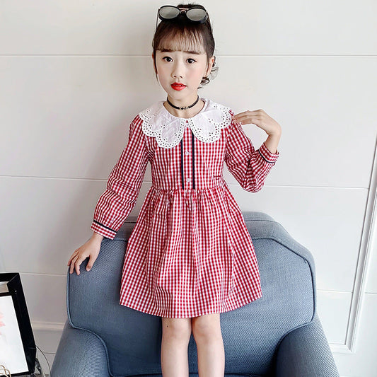 Girls skirt spring and autumn 2024 new style college style doll collar dress girl plaid skirt Western style princess skirt