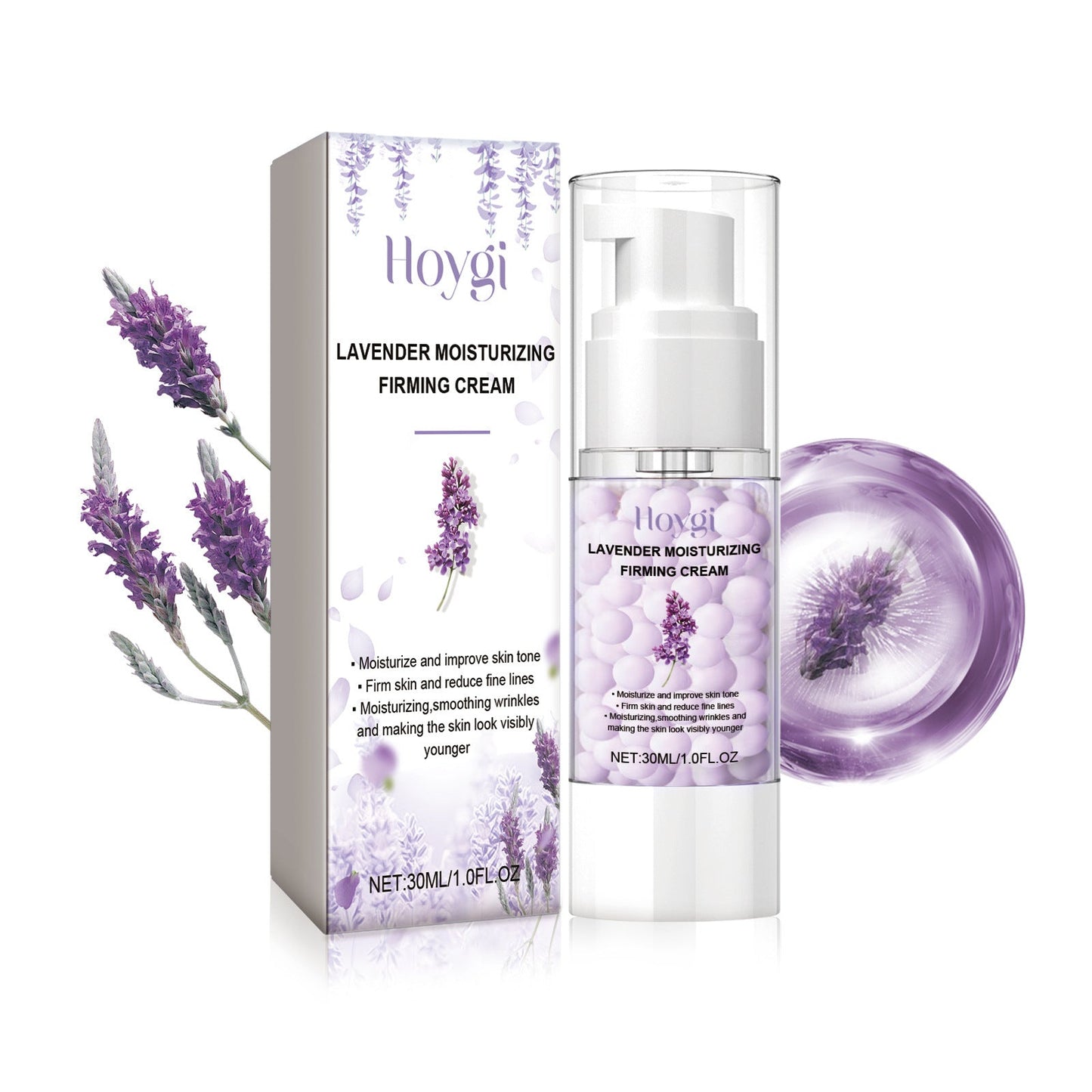 Hoygi lavender ក្រែមប្រឆាំងភាពចាស់ ធ្វើអោយស្បែកភ្លឺថ្លា ផ្តល់សំណើម និងបន្តឹងស្បែក កាត់បន្ថយស្នាមជ្រួញ ផ្តល់សំណើម ធ្វើអោយស្បែកស និងប្រឆាំងភាពជ្រីវជ្រួញ 