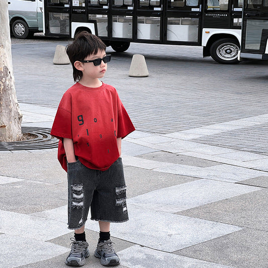 Maxi children's T-shirt 24 summer new children's clothing Korean version boys gradient letter loose short-sleeved summer clothing wholesale