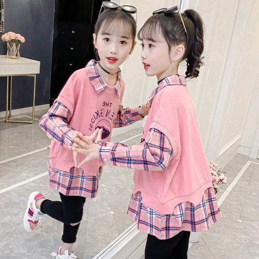 Girls' Spring and Autumn Clothes Pullover Sweater 2024 New Style Children's Fake Two-piece Tops Splicing Plaid Bottoming Shirt