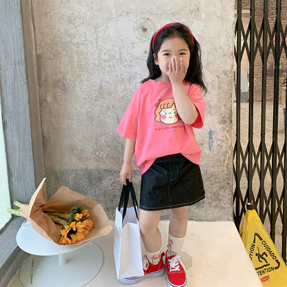 Korean children's clothing 2024 summer new children's short-sleeved girls baby trendy cartoon doll print T-shirt tops