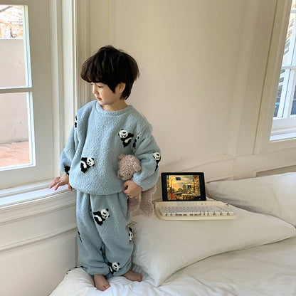 [Clearance Sale] Children's 2023 Winter Warm Home Clothes Boys and Girls Comfortable Cotton Velvet Cute Cartoon Pajamas Set