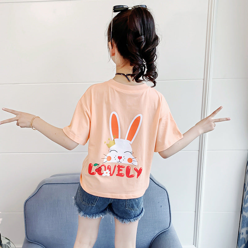 Girls short-sleeved T-shirt 2024 new summer cartoon printed cotton T-shirt fashion casual tops cute T-shirt