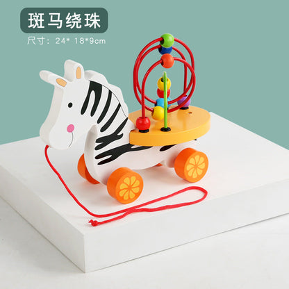 Early childhood education children's wooden kindergarten enlightenment pull rope animal music model drag car around beads matching educational toys