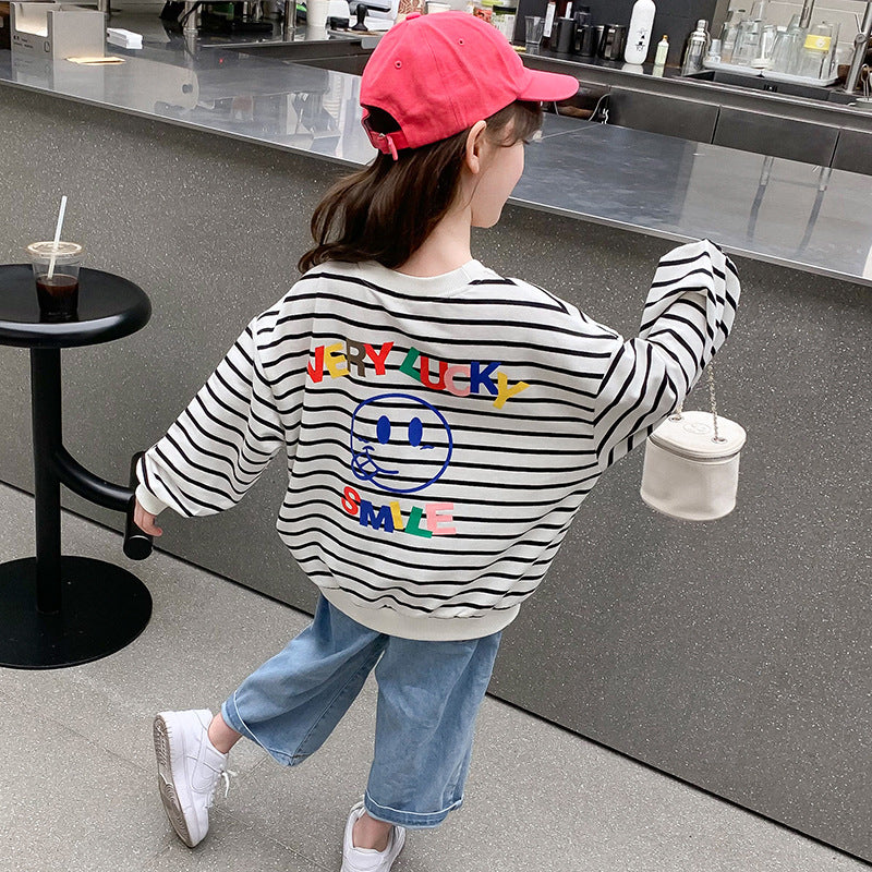 Children's Girls 2024 Spring New Long Sleeve Tops Bottoming Shirt Black and White Striped Printing Colored Cotton Elastic Loose