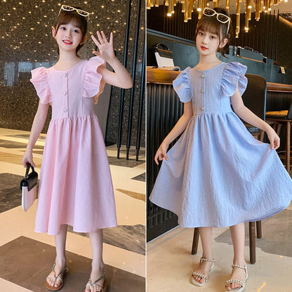 Children's 2024 new summer cotton pastoral style dress plaid fragrance style flying sleeves flying edge net celebrity princess long skirt