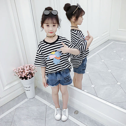 Children's clothing girls summer short-sleeved T-shirt 2024 new children's striped tops for middle and large children round neck cartoon T-shirt