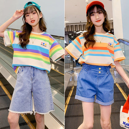 Summer girls and boys new short-sleeved T-shirt cotton printed letters Korean version of the middle and large children's elastic loose fat tide