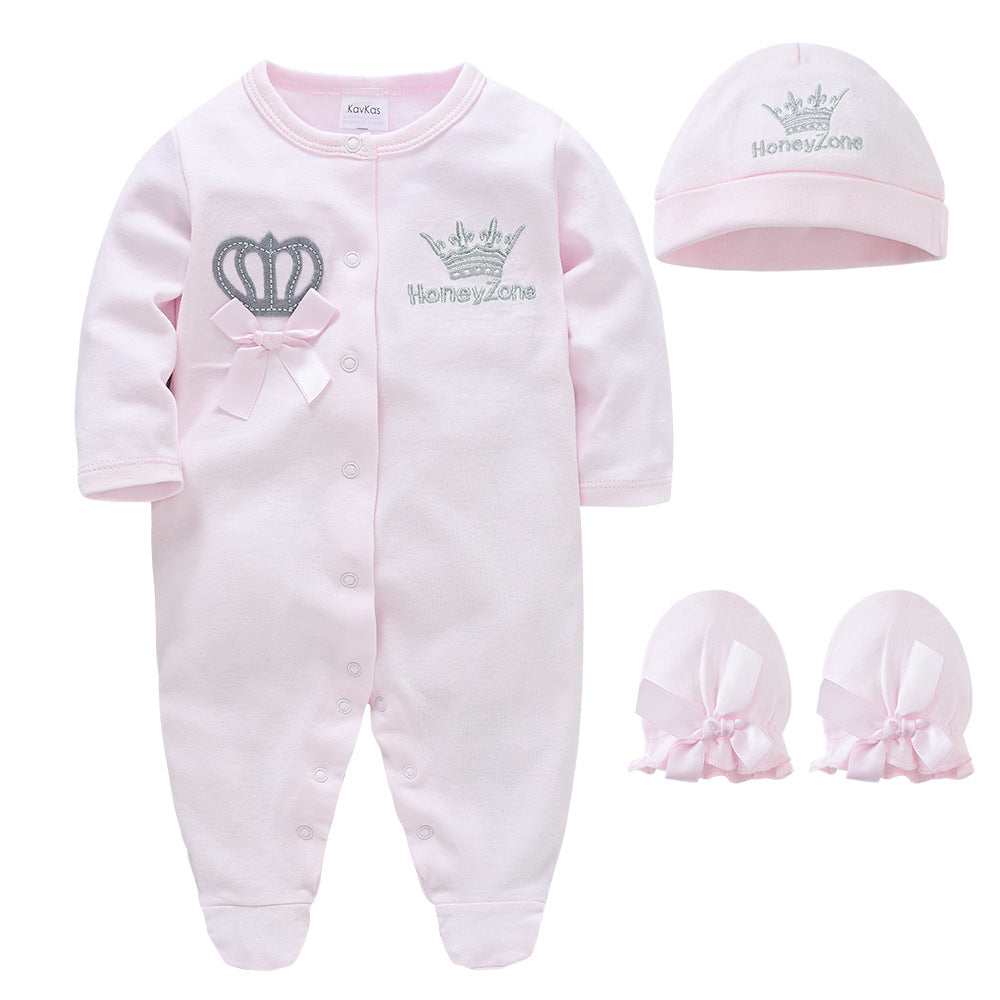 Baby jumpsuit three-piece set pure cotton 2024 autumn new long-sleeved hat gloves climbing clothes cross-border Amazon