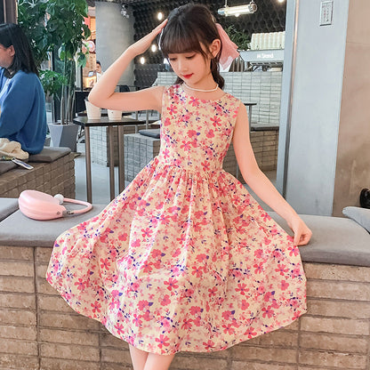 Girls summer cotton dress floral pure cotton vest dress pastoral style middle and older children primary school kindergarten fat foreign style