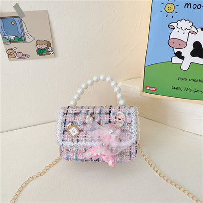 Children's messenger bag fashionable girl princess small fragrance style pearl hand-held change small shoulder bag cute girl shoulder bag 