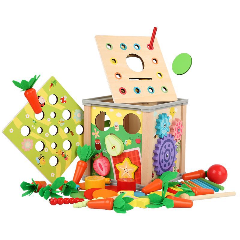 Children's wooden multifunctional nine-in-one hundred treasure box shape fruit pull radish catch insect game early education educational toy