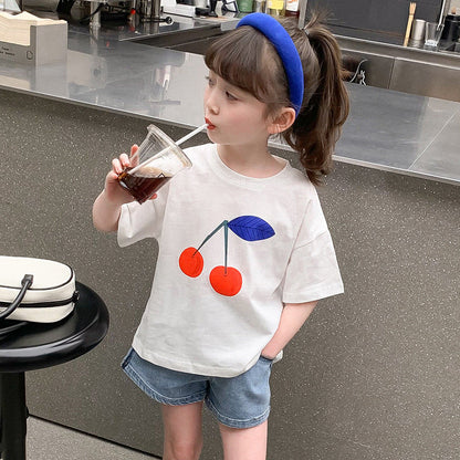 Girls Summer Short-sleeved T-shirt Cotton Top Children's Summer Style Net Red Cherry Print Kindergarten Elementary School Loose Elastic