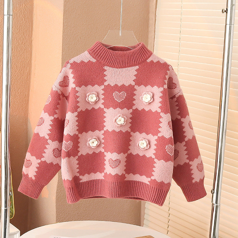 Girls winter thickened sweater thick wool Korean version three-dimensional flowers foreign fat elastic loose pullover bottom outer wear sweater