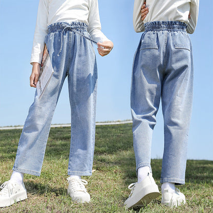 Girls jeans 2024 new spring and autumn children's middle and large children's fashionable long pants loose fashionable pants trend