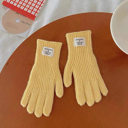 Children's 2023 winter thick wool warm color matching gloves for boys and girls baby letter label hole five-finger gloves