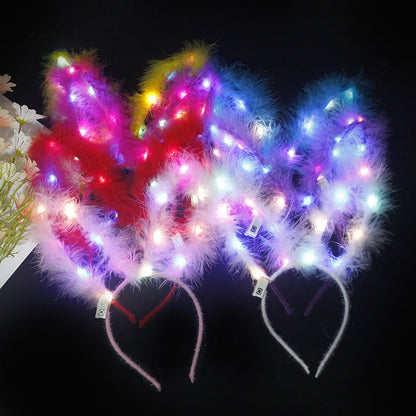 New extended luminous feather bunny ears flashing headdress headband fairy light up hairpin garland party props