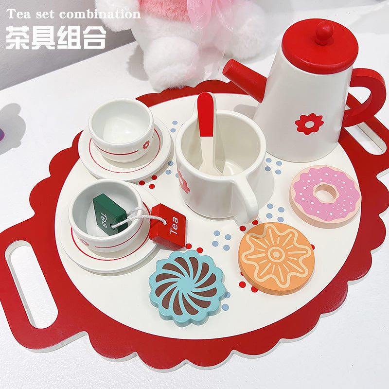 Children's fun wooden simulation kitchen girl dessert afternoon tea tableware set educational parent-child play house toys