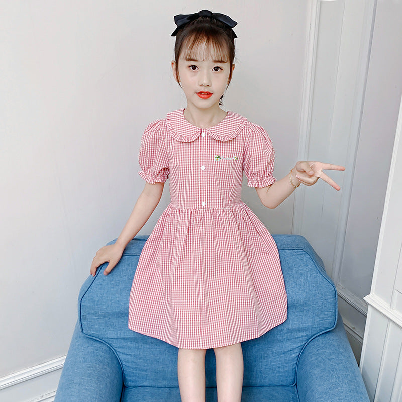 Girls short-sleeved dress summer new cotton baby collar plaid dress for middle and large children stylish embroidered skirt