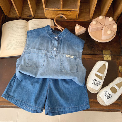 Children's suit Bangcheng 2024 summer boys' chest slit denim vest + shorts children's clothing two-piece suit G0170