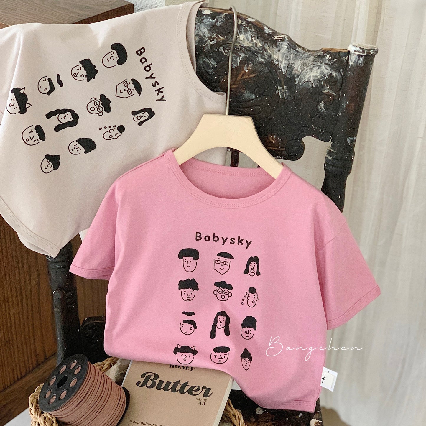 Children's T-shirt Bangcheng 2024 summer style letter casual short-sleeved new boys and girls cartoon head T-shirt top G0169