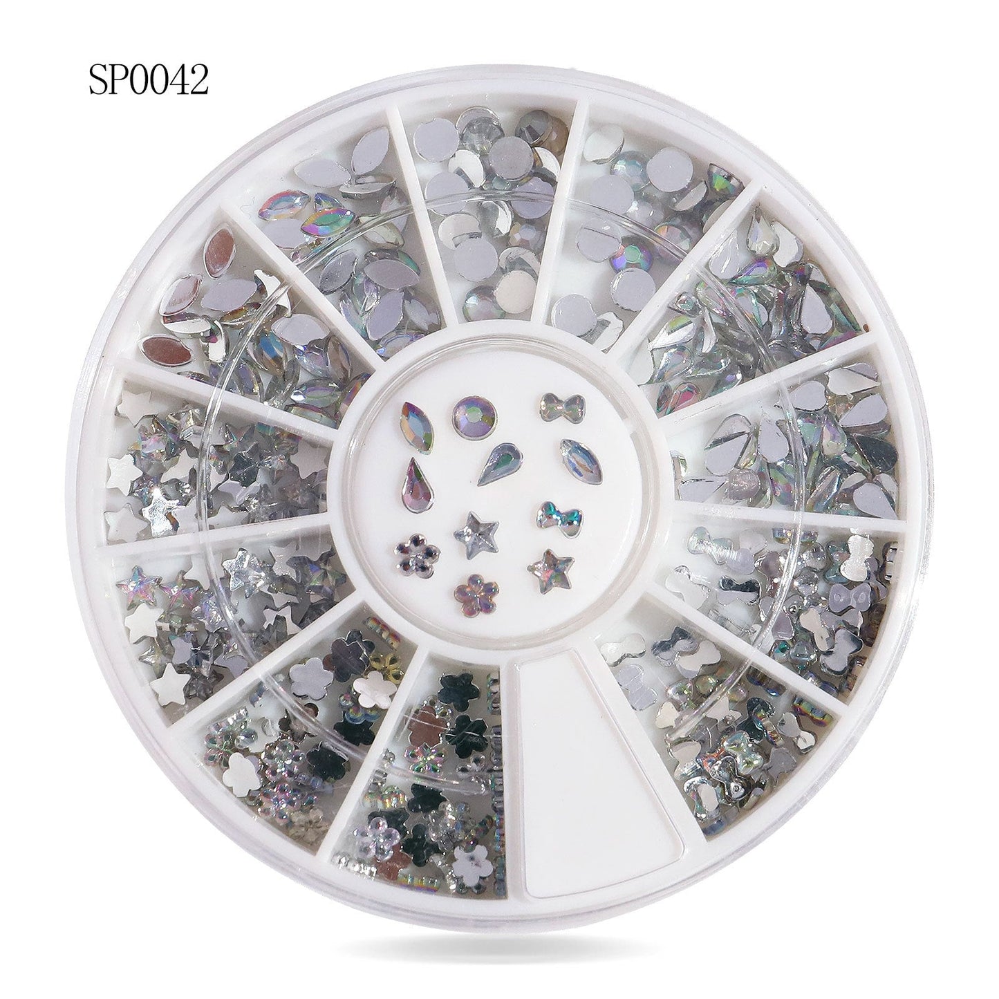 Cross-border nail art accessories nail flat bottom fantasy alloy diamond special-shaped white AB rhinestone accessories 12 grid turntable wholesale