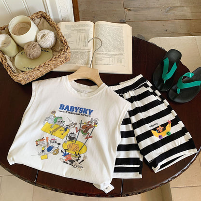 Children's suit Bangcheng 2024 summer children's clothing cartoon printed vest + striped shorts boys two-piece suit G0207