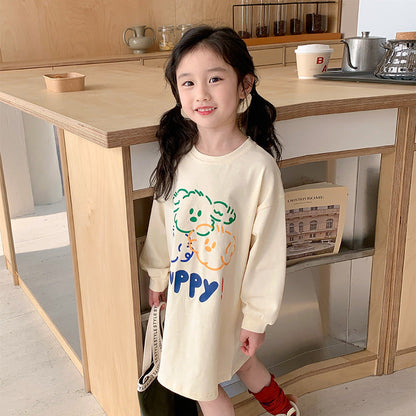 Korean children's clothing 2024 spring new style girls' cute puppy print T-shirt children's mid-length long-sleeved tops