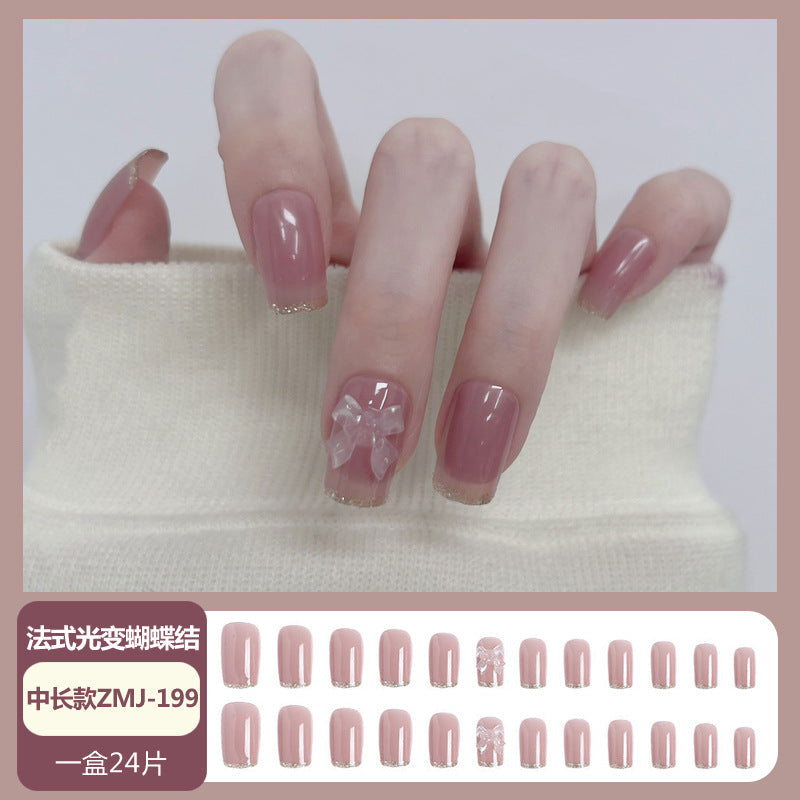 Wearable nail tips wholesale medium and long ice transparent oolong gradient peach nail art finished nail stickers false nails