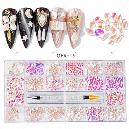 Nail art diamond jewelry 21-grid flat-bottomed special-shaped diamonds of different sizes mixed nail art diamonds special-shaped glass diamonds DIY accessories set