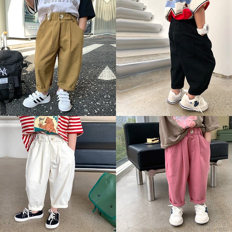 Amo Baby Children's Pants 2024 Summer Boys and Girls Light Cotton Casual Straight Pants Baby Solid Color Nine-Point Pants