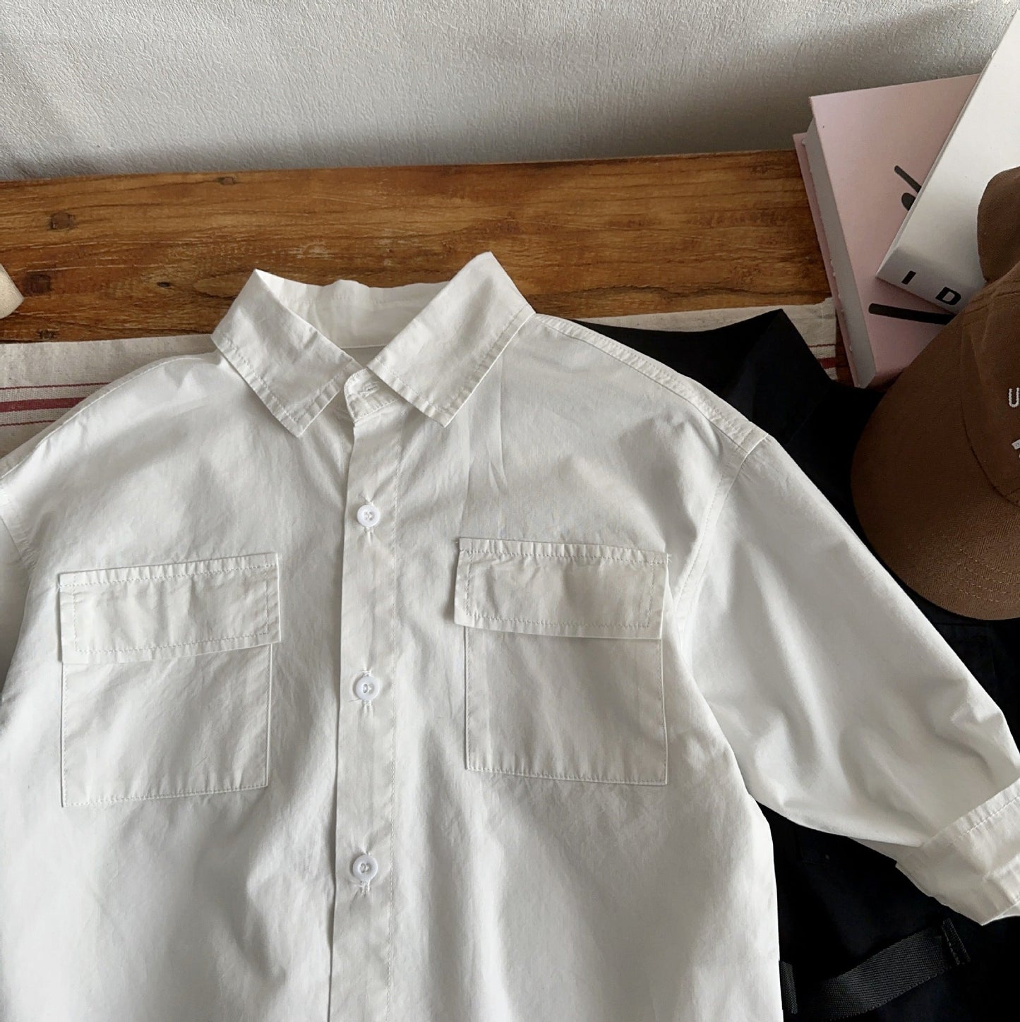 Children's clothing 2024 spring new children's solid color work shirt Korean version baby long-sleeved top boy work shirt