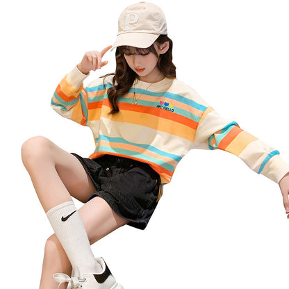 Girls Spring and Autumn Striped Top Pullover Elastic Loose Korean Style Color Stripes Medium and Large Children Rainbow Fat Large Edition Trendy