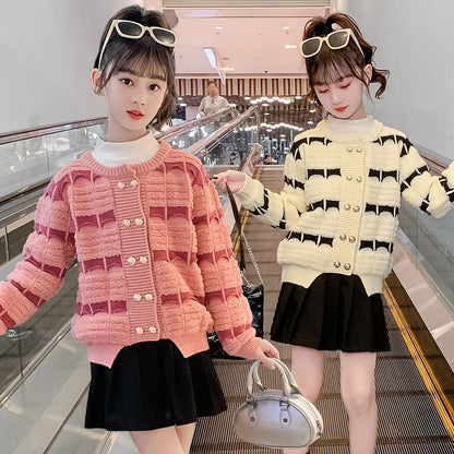 2024 new girls sweater double-breasted sweater coat hollow double-layer Korean version of foreign Internet celebrity middle and large children's knitted sweater