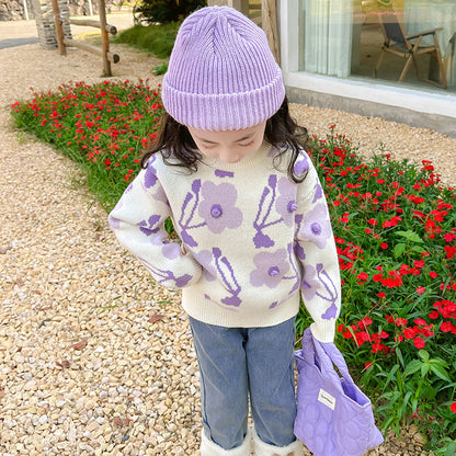 2024 Girls Winter Thickened Sweater Korean Style Flower Elastic Warm Sweater Base Sweater Outer Wear Sweater Middle Children