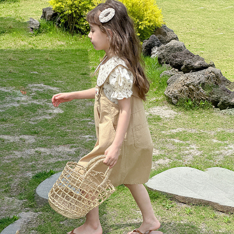 女童装夏季全棉套装碎花背带裙纯棉韩版两件套小童中大童软薄宽胖