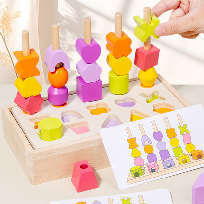 Children's wooden geometric shapes matching color cognition enlightenment beaded five-column set column building blocks educational toys