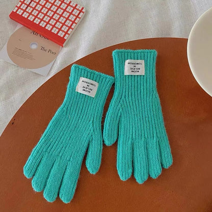 Children's 2023 winter thick wool warm color matching gloves for boys and girls baby letter label hole five-finger gloves