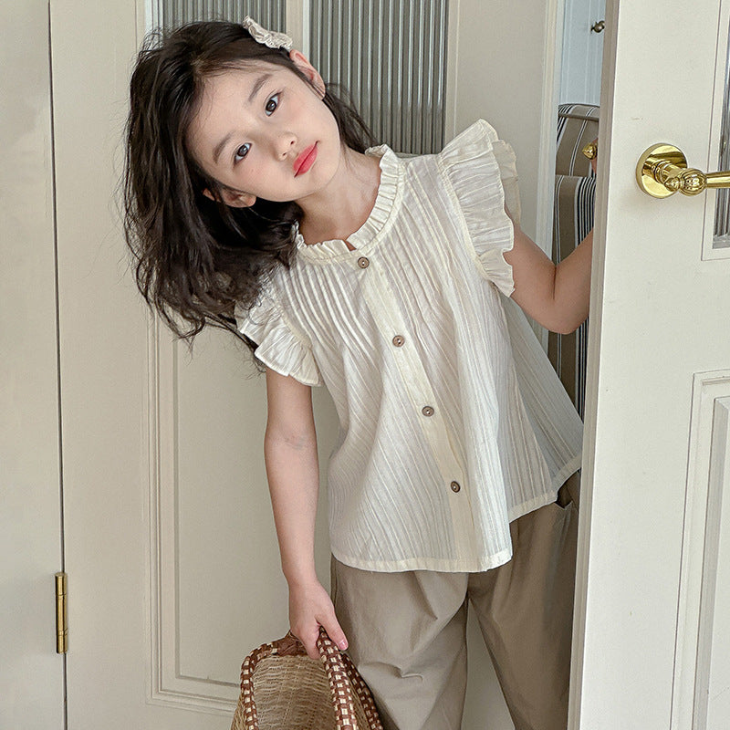 Girls summer cotton short-sleeved shirt tops pure cotton white striped blouse Korean style fragrant French style celebrity children