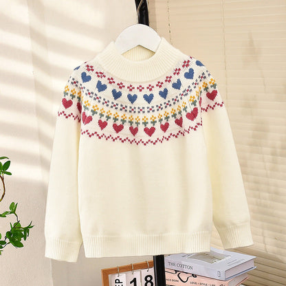 Girls winter sweater thickened love Korean style knitted pullover bottom line sweater for school wear kindergarten soft