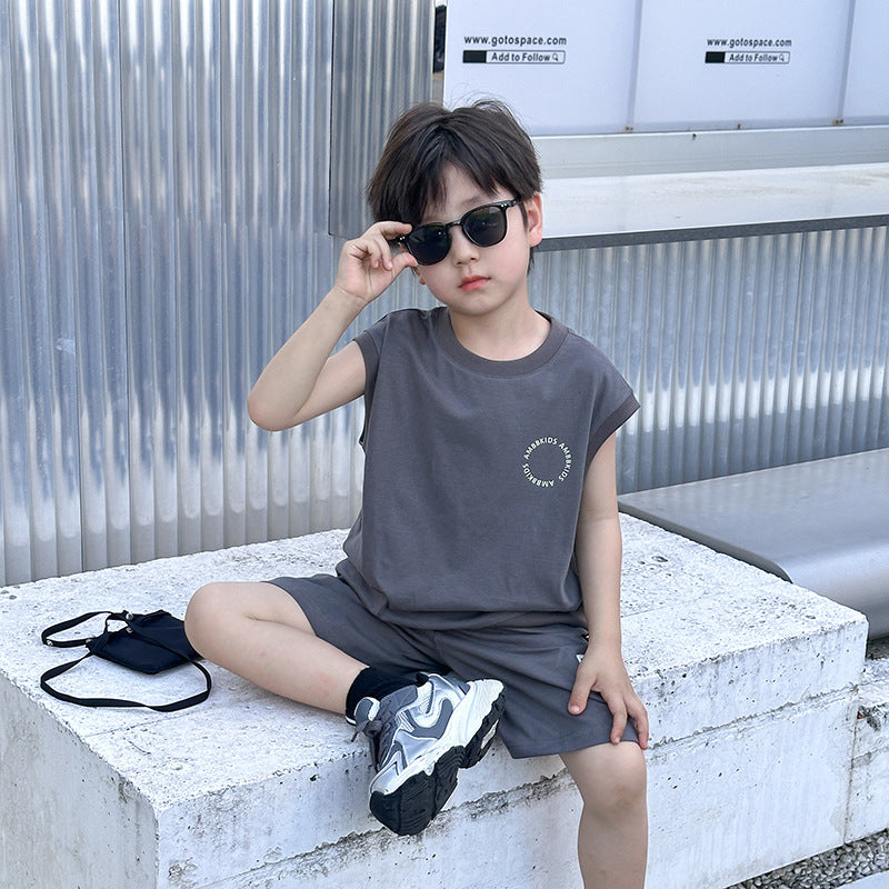 Amo Beibei boy 2024 summer letter loose vest sports suit baby Korean version handsome sleeveless two-piece suit