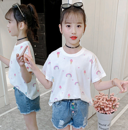 Girls short-sleeved T-shirt 2024 new summer children's casual printed T-shirt for middle and large children cotton cartoon round neck top